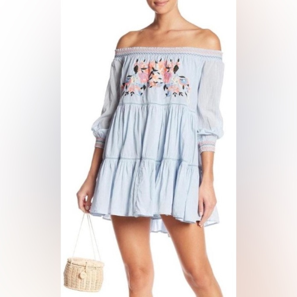 FREE PEOPLE Sunbeams Mini Dress Light Blue Smocked Embroidered Boho